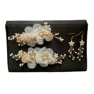 NWOT Gossamer White/Gold Wedding Hair Clips and Earrings Set